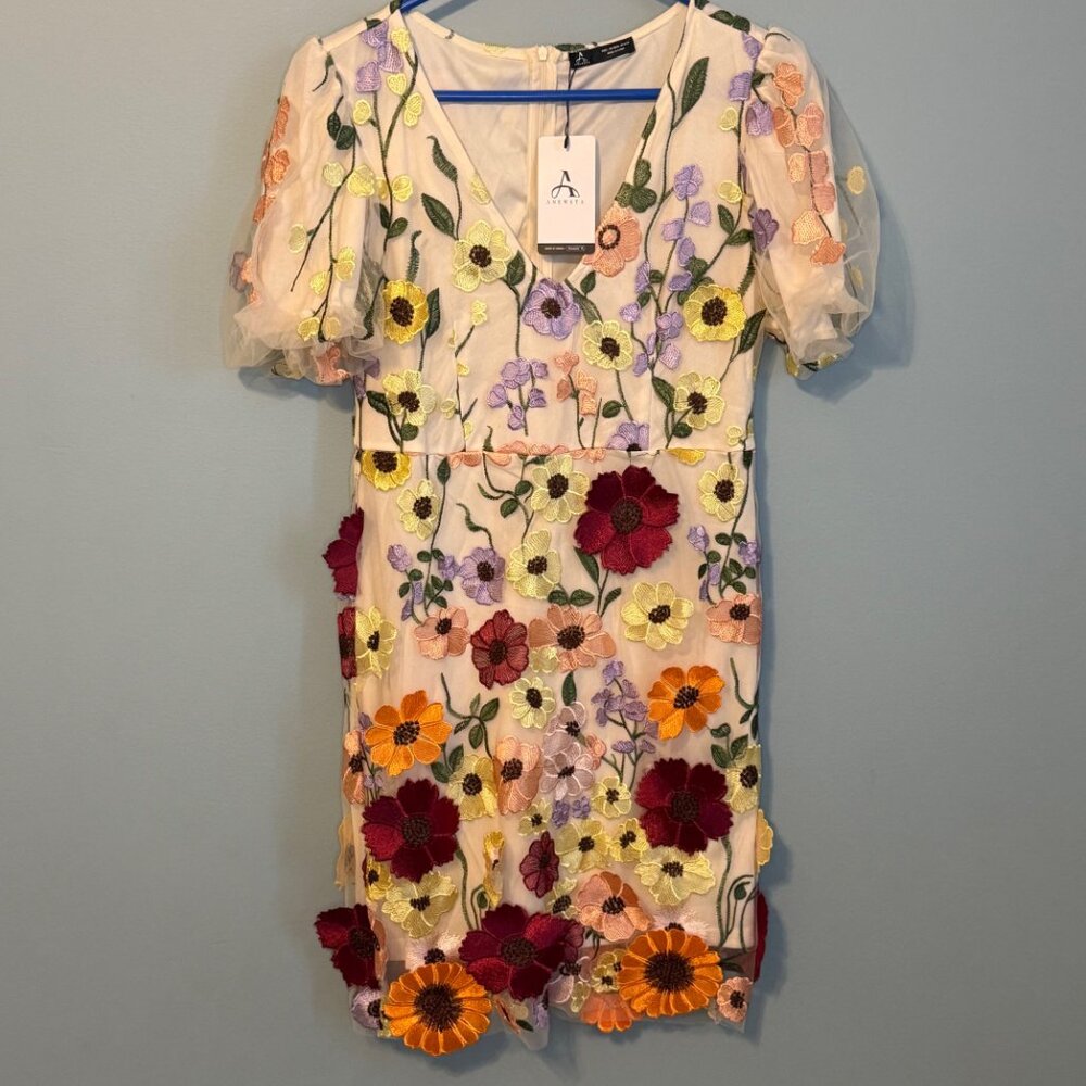 Anewsta Embroidered Floral Applique Mini Dress - Ivory Multi - Size Large - Picture 3 of 10